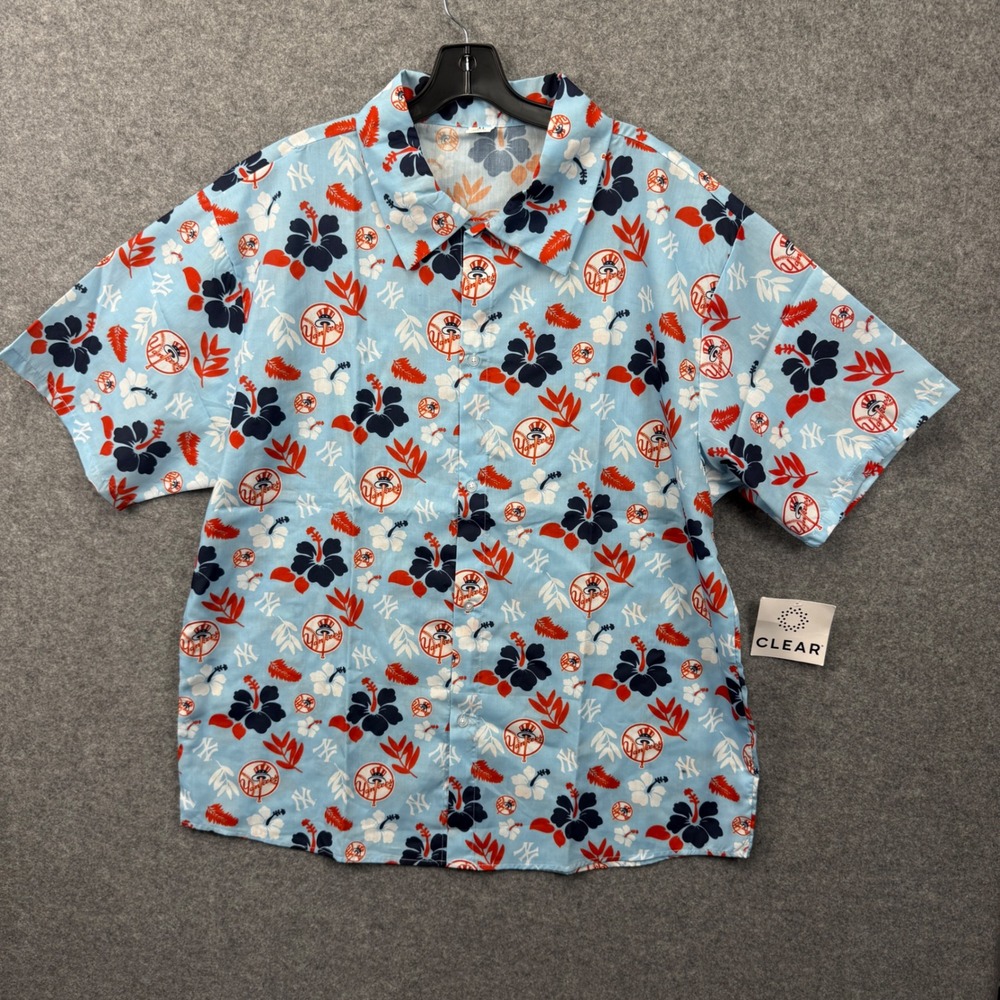 New York Yankees MLB Mens XL Hawaiian Shirt Tropical Floral Blue Button Down